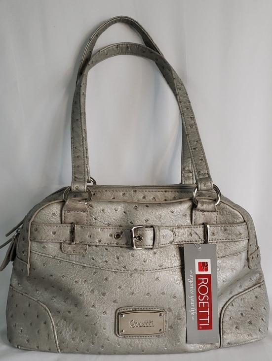 Rosetti Handbags - Rosetti Metallic Silver/Pale Gray Ostrich Embossed Handbag with Buckle Accent